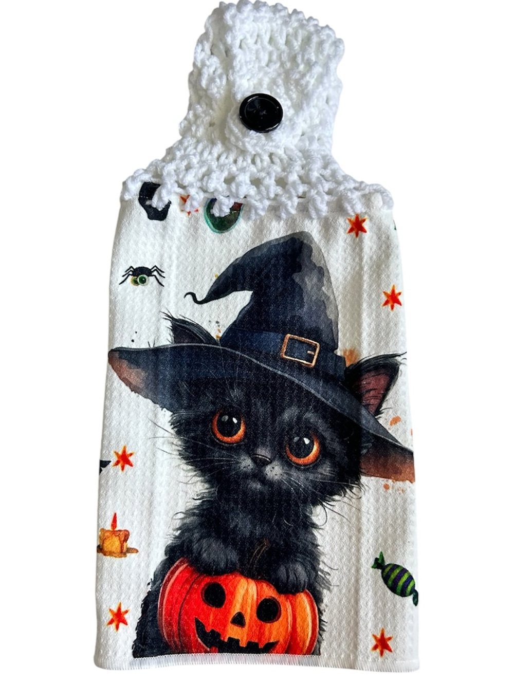 Hand Crafted Halloween Black & Orange Witch Kitten Hanging Kitchen Hand Towel